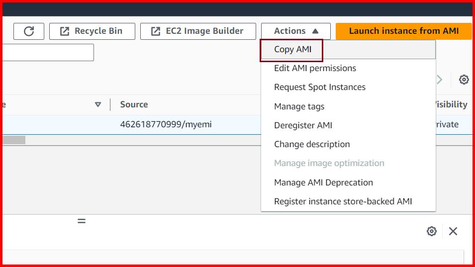 Picture showing the Copy AMI option for copying image from one region to other